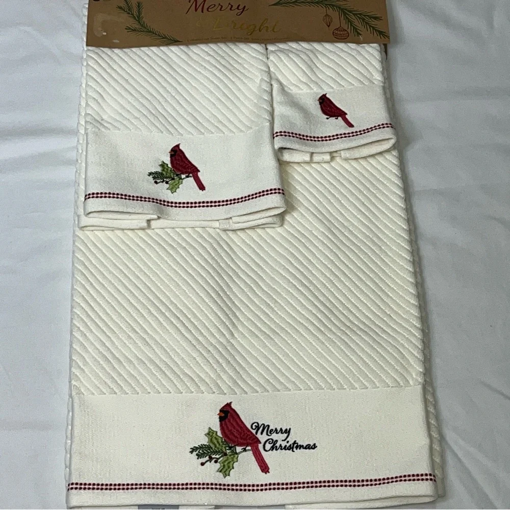 Merry & Bright Cardinal Bird Rhinestone Christmas Holly Berry Holiday Towel Set